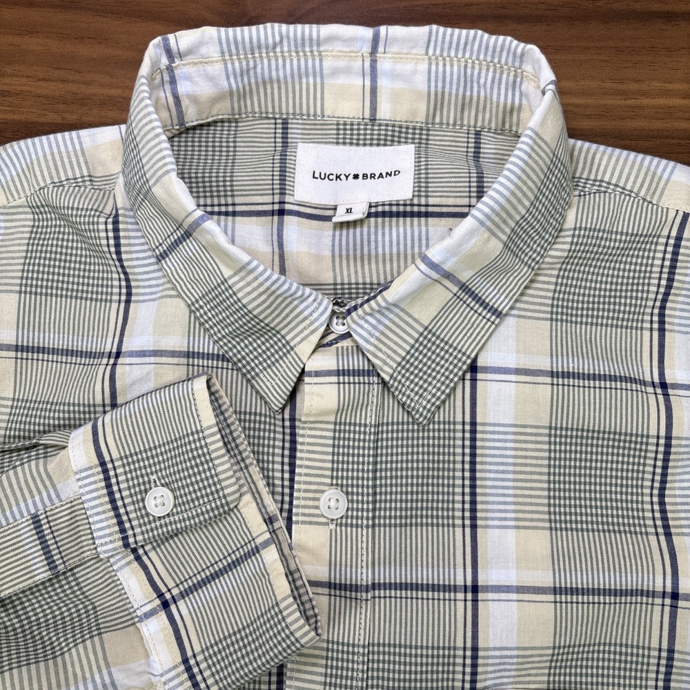 Lucky Brand Tan Green Plaid Cotton Lightweight‎ Long Slv Button Dn Shirt Size XL